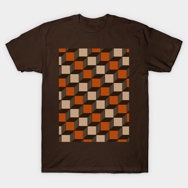 Chocolate Brown, Tan and Rust Orange, Cube, Geometric T-Shirt by OneThreeSix